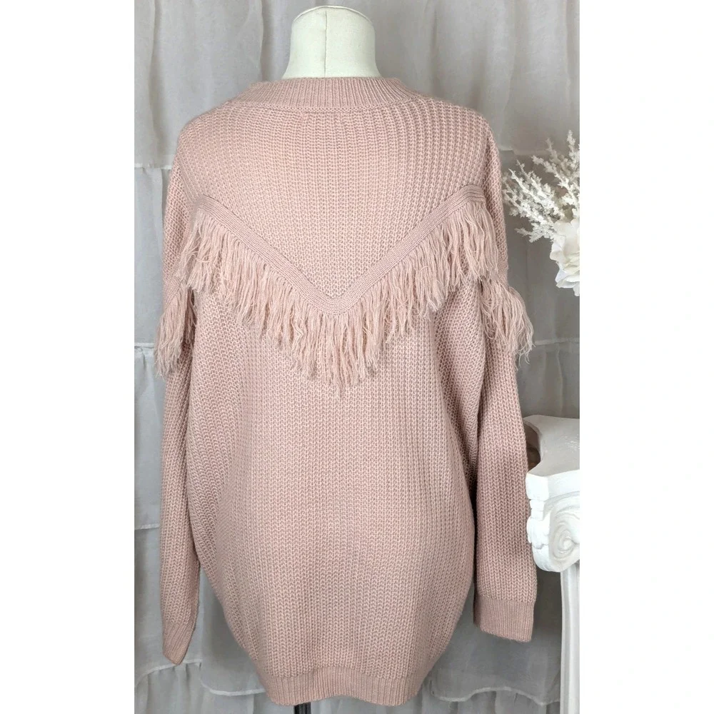 ANDTHEWHY Dusty Pink Fringe Long Sleeve Boxy Oversized Sweater Size M/L - Picture 3 of 8